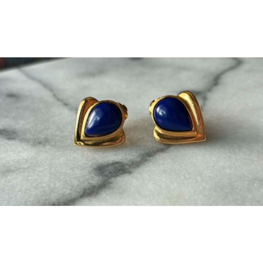Avon Blue Deco Gold Tone Clip On Earrings Vintage 1980s